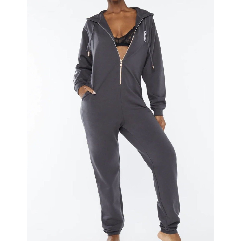NEW RIHANNA FOREVER SAVAGE X FENTY SHOWGIRL HOODED JUMPSUIT Dark Gray SZ S